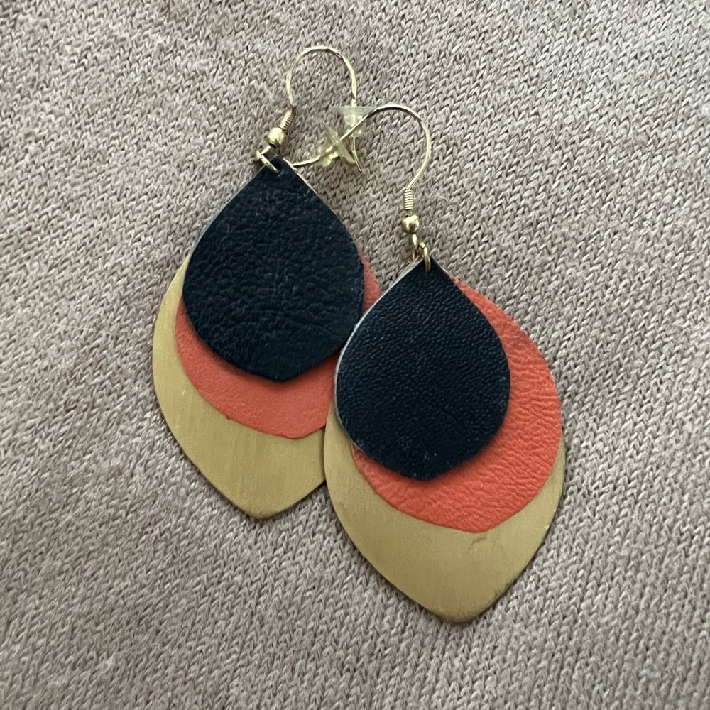 Brass and colorful leather earrings